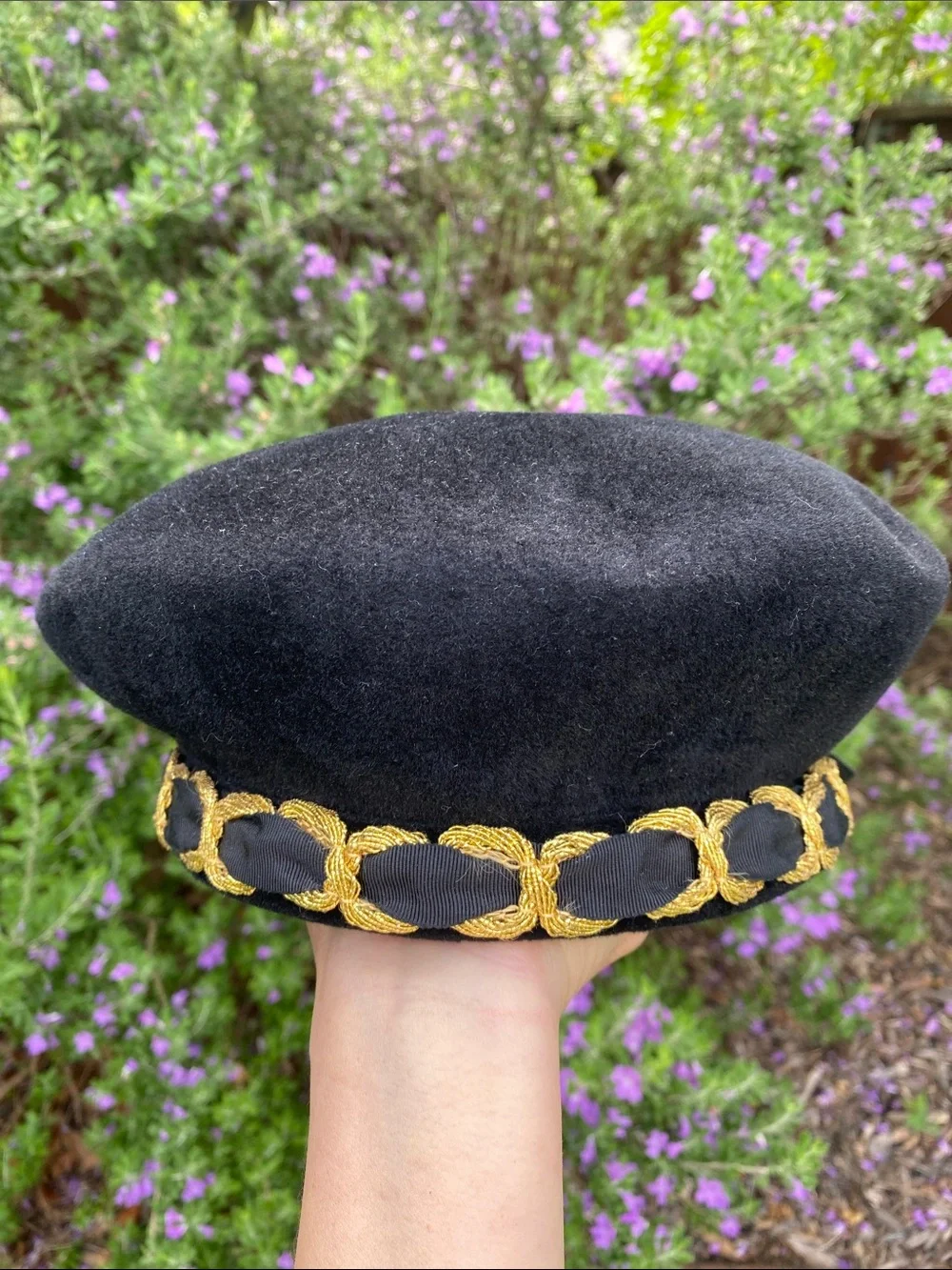 1980’s Eric Javits Mohair Velvet Beret Hat with Gold Cord and Ribbon Bow - Picture 13 of 16
